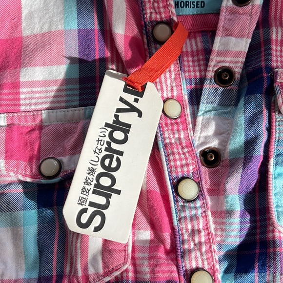Super cute NWT Superdry cowgirl pink flannel sleeveless shirt, size medium - Picture 3 of 6